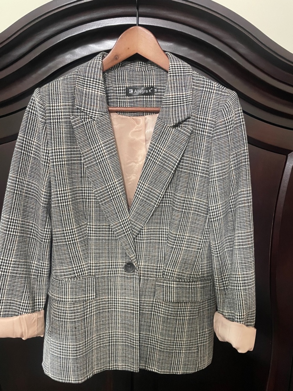 Allegra K Black & White Plaid Single-Button Blazer